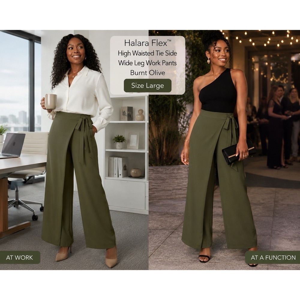 Halara Flex High Waisted Tie Side Wide Leg Work Pants Burnt Olive L NWT MSRP $45